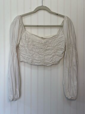 Beige botany White Ruched Long-Sleeve square neck cotton Crop Blouse